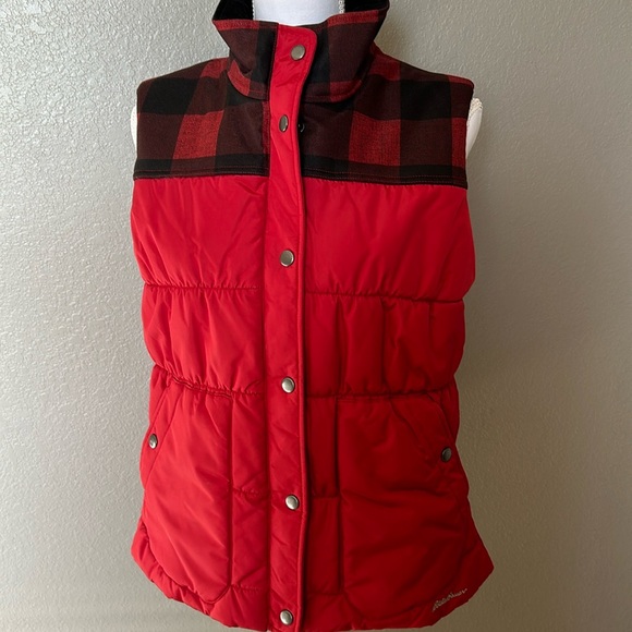 Eddie Bauer women’s down-look vest. Red w/buffalo plaid yoke. Size Large. - Picture 1 of 8